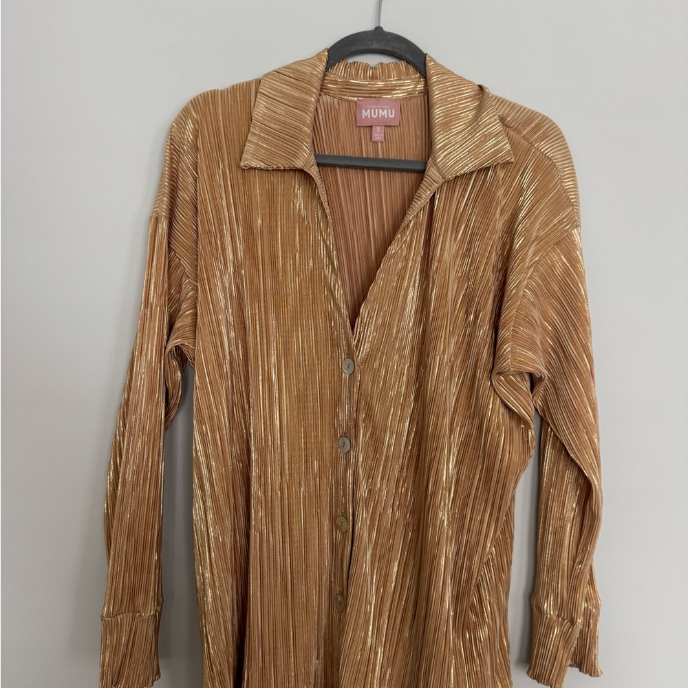 Show Me Your Mumu Metallic Pleated Button-Down Top